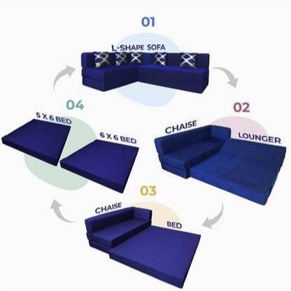 L Shaped 5 Seater Double Foam Fold Out Sofa Cum Bed (Blue)