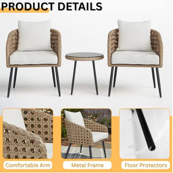 3 Pieces Porch Backyard Garden Outdoor Furniture Rattan Chairs With Cushions And Table Set (Beige And Off White), (24 X 24 X 31 Inch)