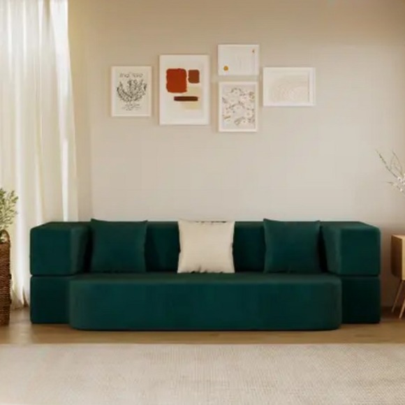 3 Seater Double Foam Pull Out Sofa Cum Bed (Green) (72x48x20 Inch)