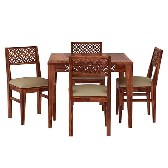 Sheesham Wood CNC 4 Seater Dining Table with Cushioned Chair